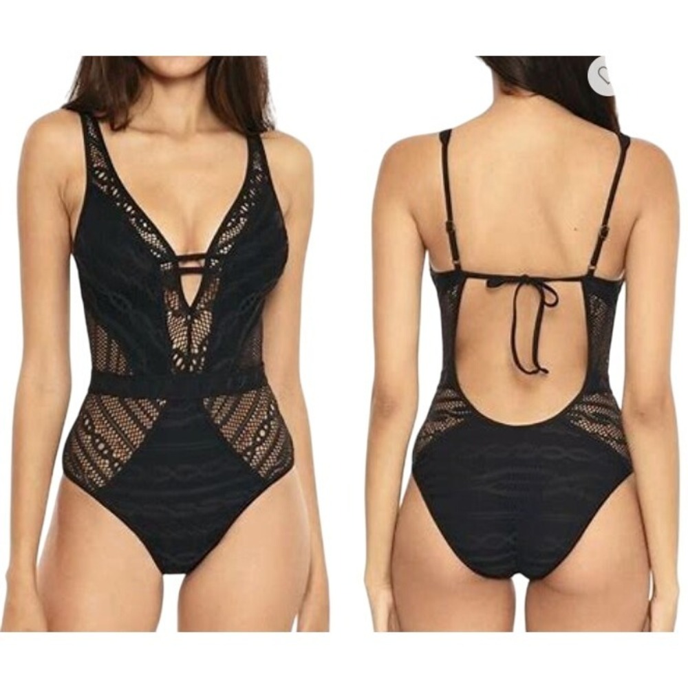 Becca by Rebecca Virtue Color Play Show & Tell Crochet Plunge One Piece Swimsuit